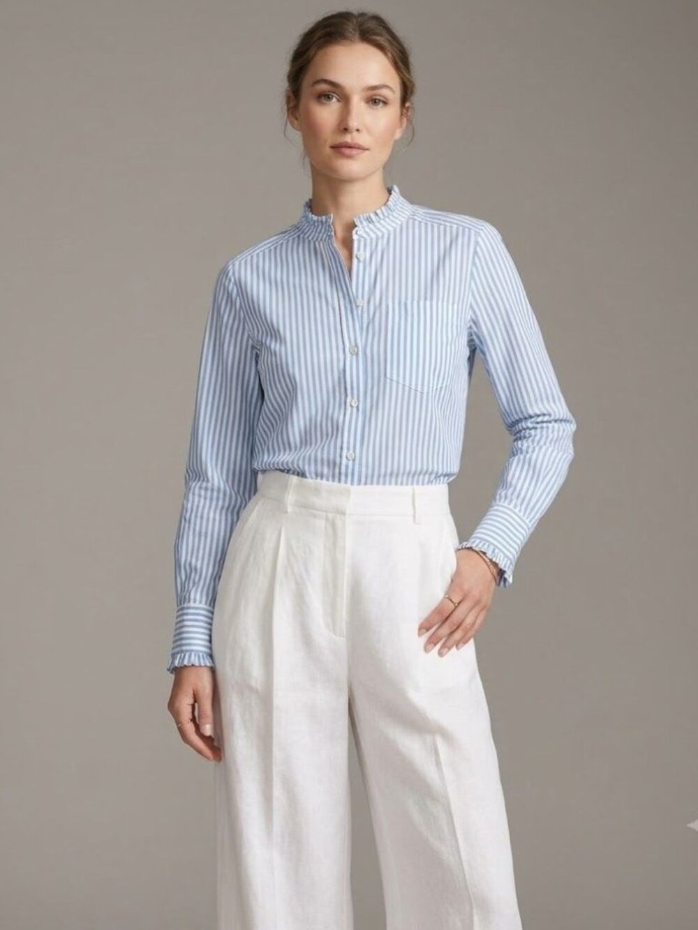 Veronica Beard Blue & White Striped Ruffle Collar Button-Down Shirt Size 6